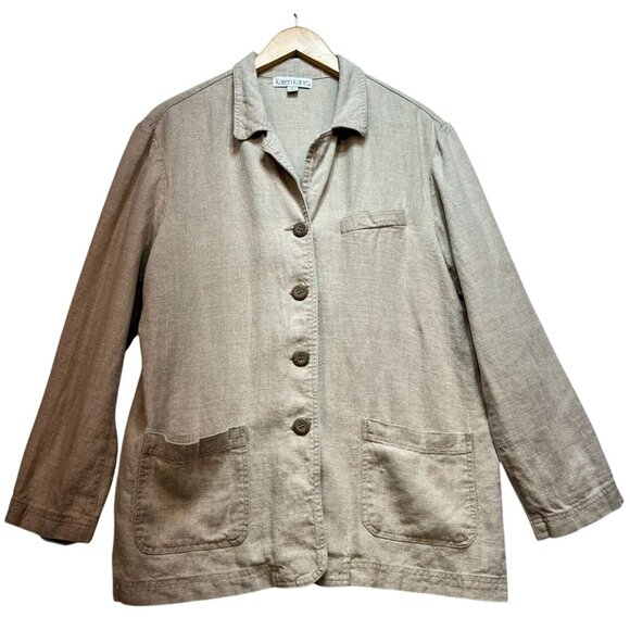 Karen Kane Women's Button Up Linen Jacket Shirt Stretch Size L Tan Long Sleeve - Picture 1 of 13